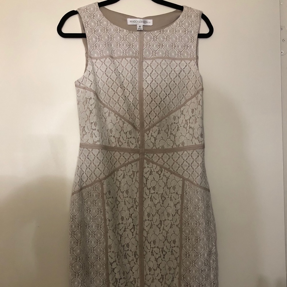 Taupe sheath dress with lace overlay
